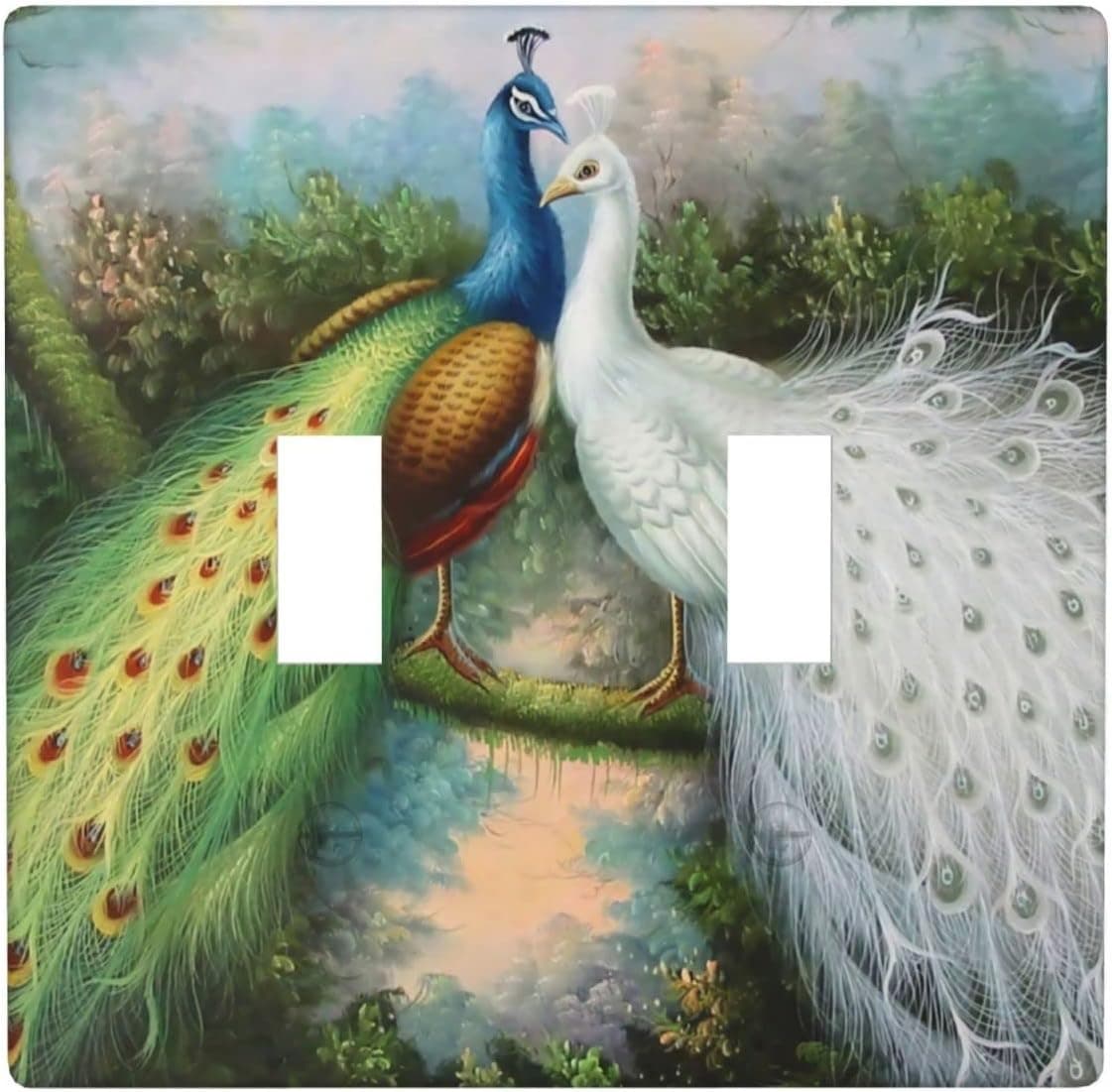 Peacock Double Toggle Light Switch Cover Wall Plate 2 Gang Switch Plate Outlet Cover Decorations for Bedroom Kitchen Plastic Faceplate