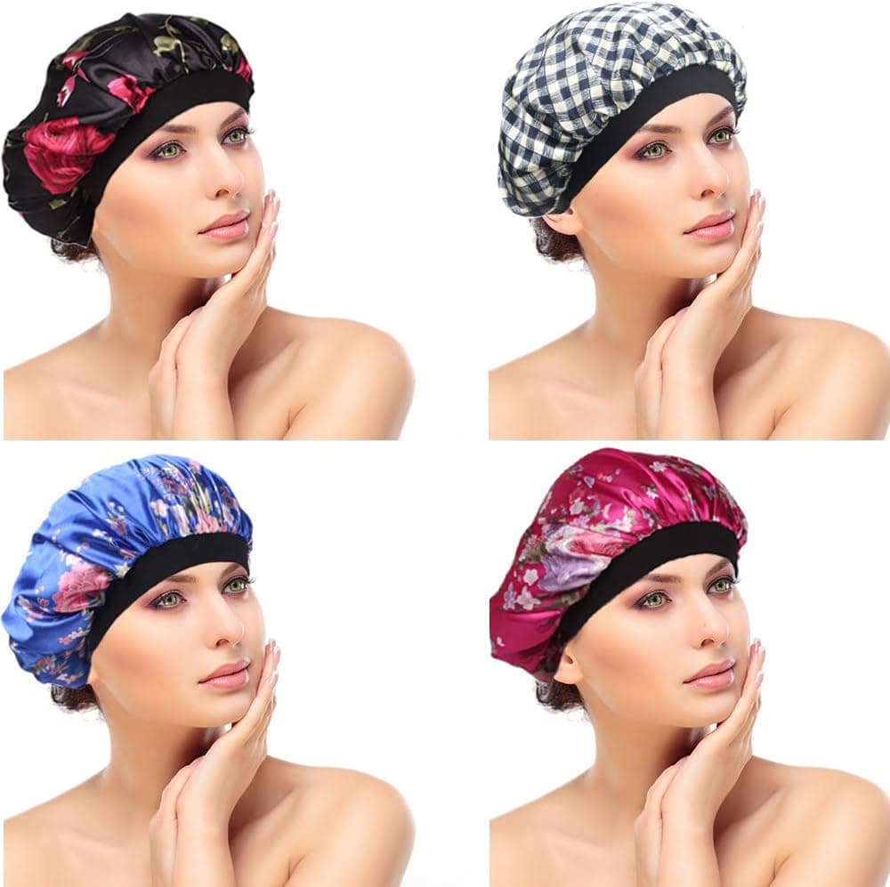 BEROSS 4PACK Soft Satin Hair Bonnet for Women Girls Silk Sleeping Salon Cap Bonnet Set