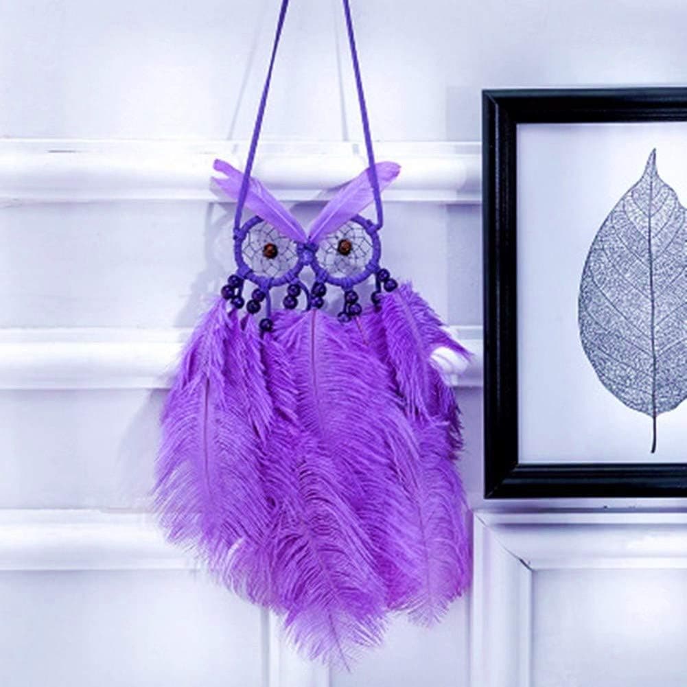 CHICIEVE Owl Wall Hanging Decor Handmade Beaded Feather Wind Chime Wall Hanging Dreamcatcher for Home Livingroom Bedroom Ofiice Decor (Purple)