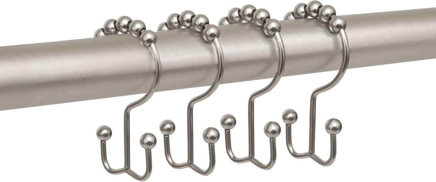 Zenna Home NeverRust Rustproof Metal Double Roller Glide Curtain Ring, Brushed Nickel, Set of 12 Shower Hooks (BH01ALBN)