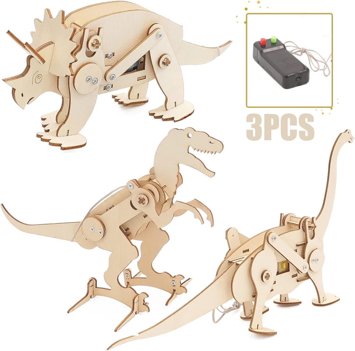 3 in 1 STEM Kit, Electric Motor Wooden Dinosaur Kits, Assembly Constructor 3D Puzzles, Tyrannosaurus, Triceratops, Saltasaurus, Educational DIY STEM Toys for Boys and Girls, Ages 6+