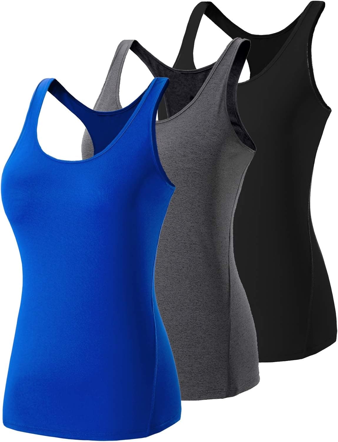 Lavento Women's Tank Tops Racerback Workout Yoga Sleeveless Shirts (Medium,3 Pack-Black/Heather Gray/Blue)