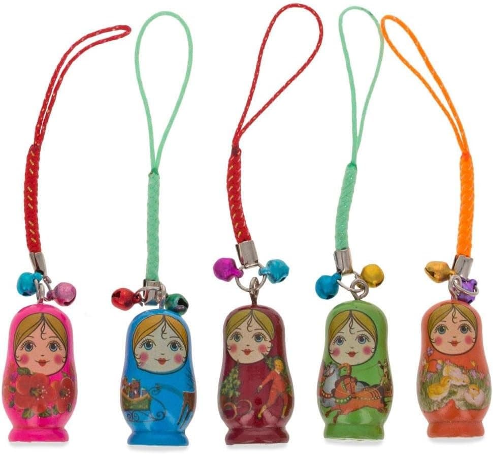 BestPysanky Set of 10 Wooden Dolls Matryoshka Key Chain Charms 1.5 Inches