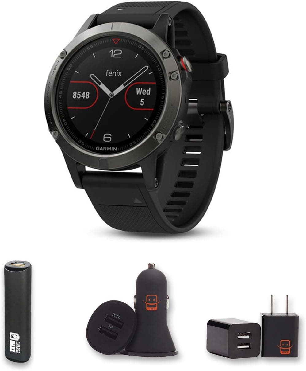 Garmin Fenix 5 (Slate Gray/Black Band) Bundle with PowerBank + USB Car Charger + USB Wall Charger (4 Items)
