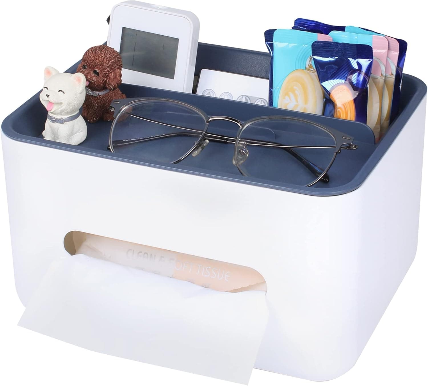 Arrozon Tissue Box Cover,Detachable Tissue Box Holder,Multifunctional ABS Material Hidden Storage Box,Used in Office,Living Room,Bedroom,Grey-White.