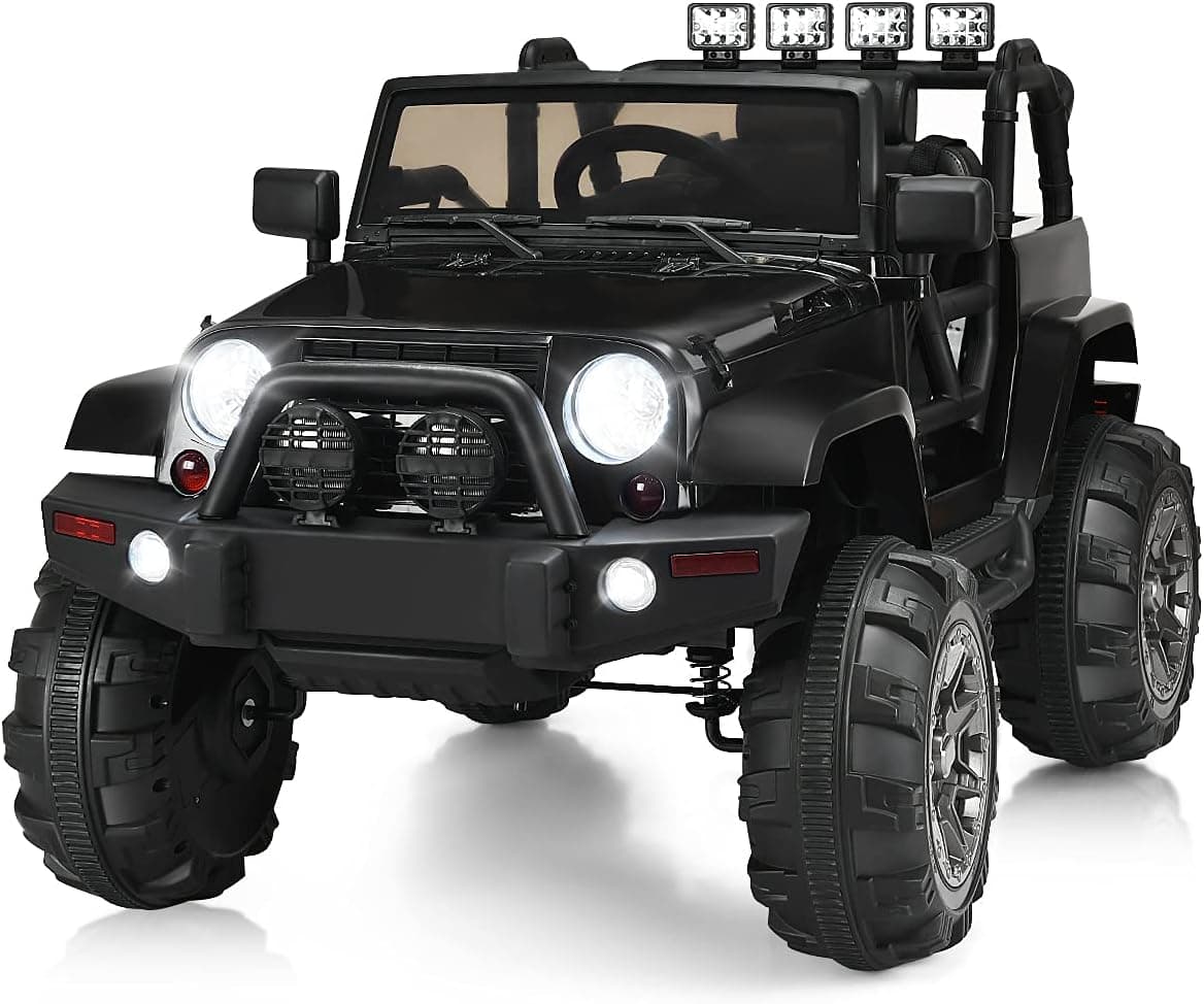 Costzon Ride On Truck, 12V Battery Powered Electric Ride On Car w/Parental Remote Control, LED Lights, Double Open Doors, Safety Belt, Music, MP3, Spring Suspension (Deluxe Black)