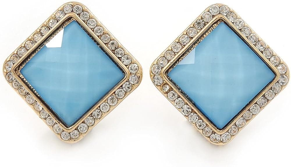 Square Crystal with Light Blue Acrylic Stone Clip On Earrings In Gold Plating - 23mm L