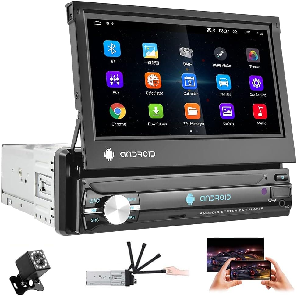 UNITOPSCI Android Car Stereo Single Din Bluetooth Car Radio 7 Inch Flip Out Touchscreen GPS Navigation in Dash Head Unit FM Radio with Backup Camera WiFi Multimedia Player Mirror Link USB DVR SWC