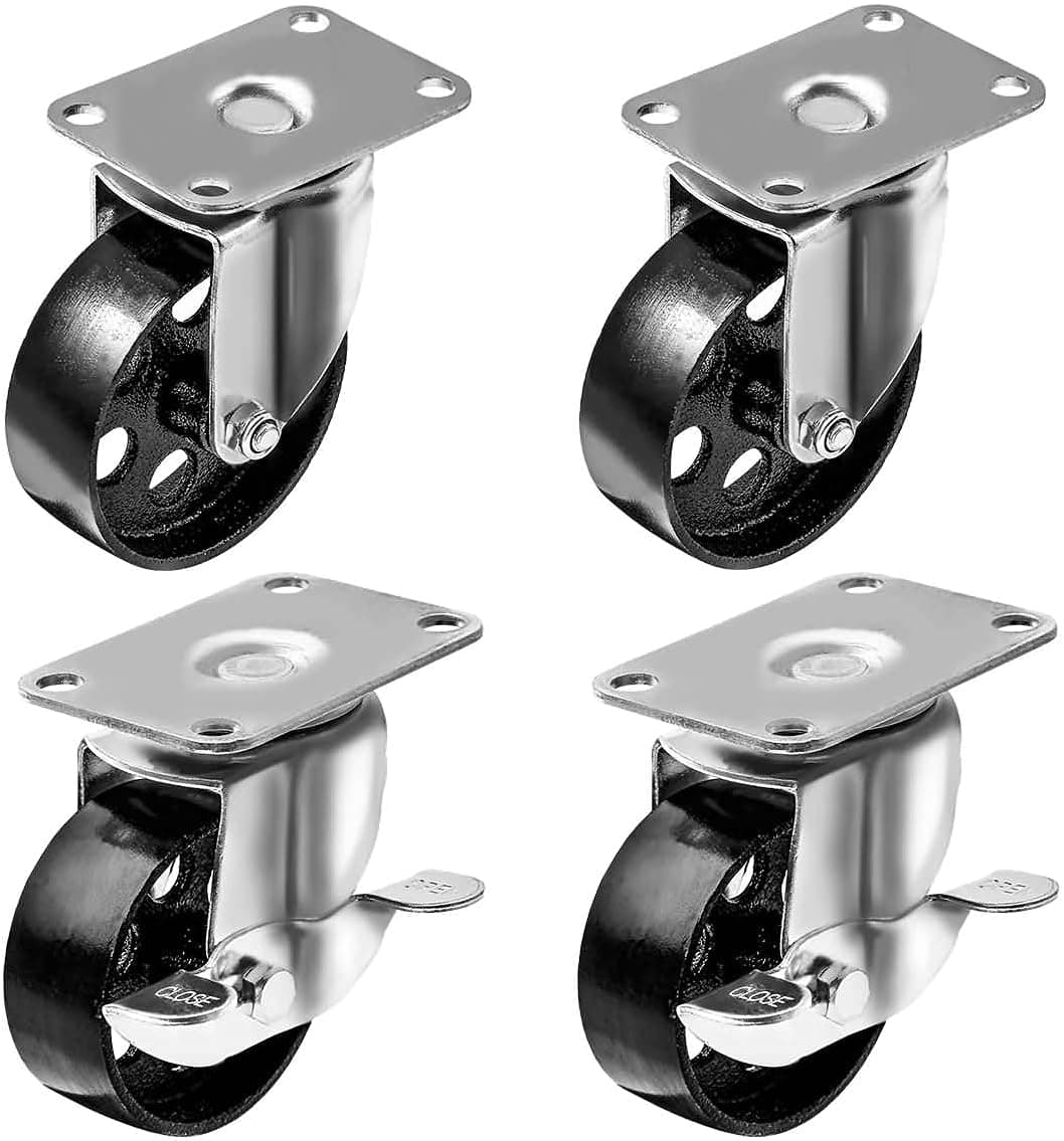 Set of 4 All Steel Swivel Plate Casters 2 no Brake and 2 with Brake Lock 3.5" Wheel