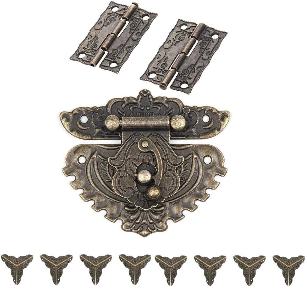 Retro Jewelry Box Antique Buckle Padlock Lock Key Latch Clasp Set,2PCS Hinge & 1 PC Retro Style Padlock Lock & 8PCS Jewelry Case Pad Corner Protector with 45 Screws