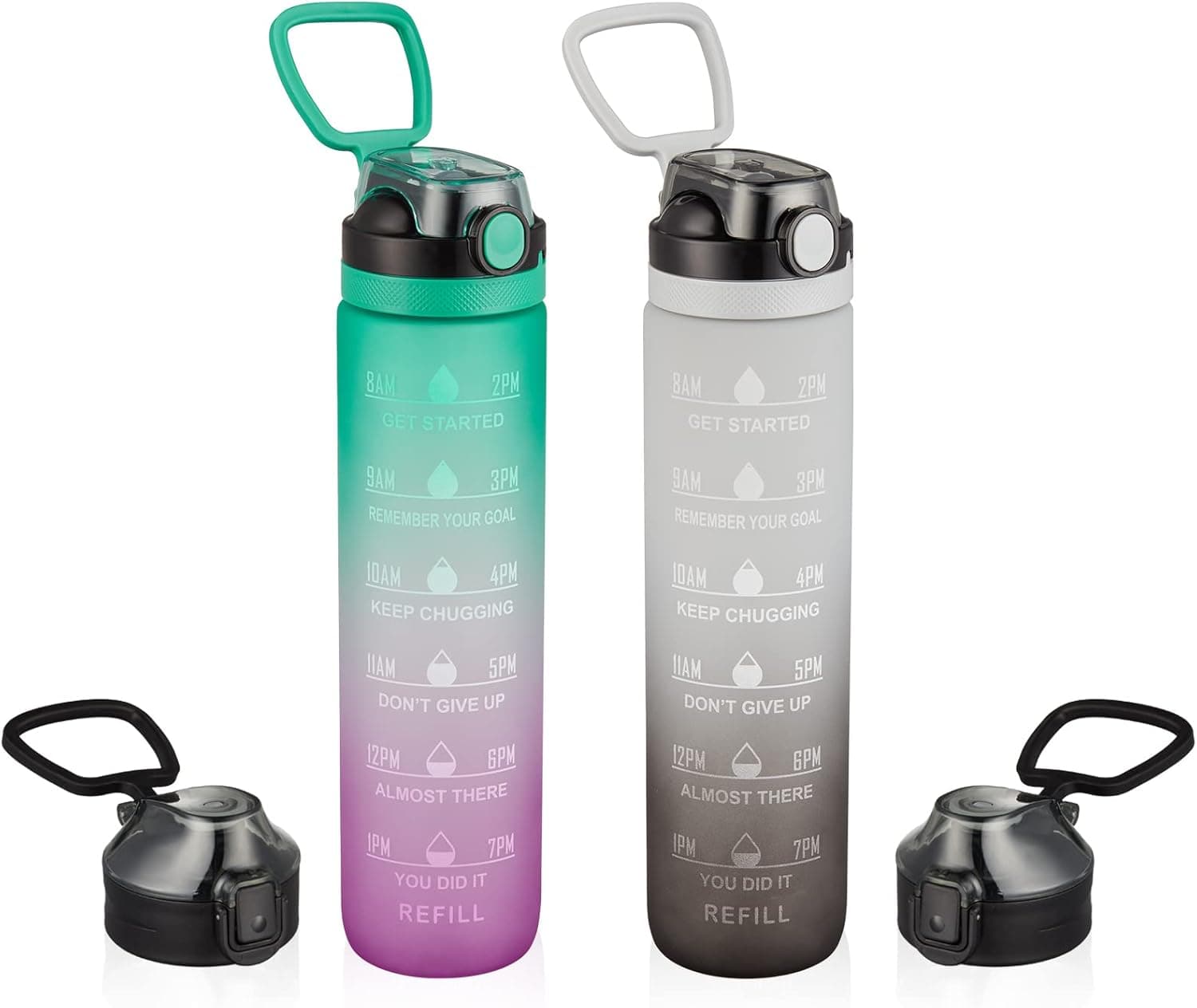 MEWAY 32 oz Motivational Water Bottles with Times to Drink, 2 Pack Bulk Reusable Sports Bottle with Spill Proof 2 Lids,Matte Tritan Plastic Travel Cups with Straw for Gym,Camping(Mix Color,2 PCS)