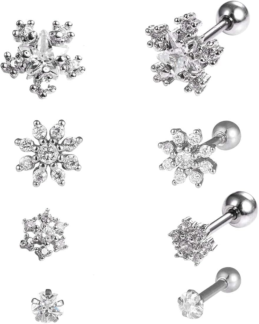 CZ Flower Cartilage Earrings 4 Sets(8PCS) Gift for Sister,16G/20G Surgical Steel Piercing Jewelry with Screw Back Design,Silver