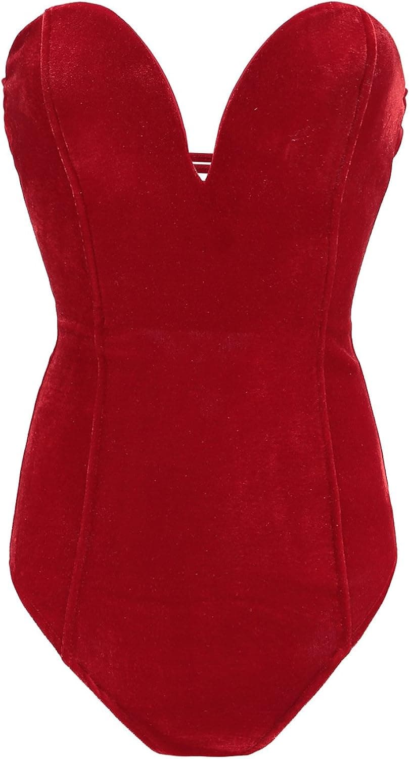 Clothink Women Burgundy Bandeau Back Lace Up Velvet Bodysuit