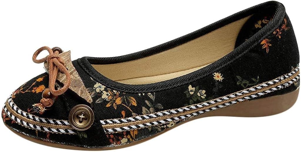Haoricu Clearance Flat Shoes,Retro Women Ethnic Beading Round Toe Colorful Loafers Casual Embroidered Shoes
