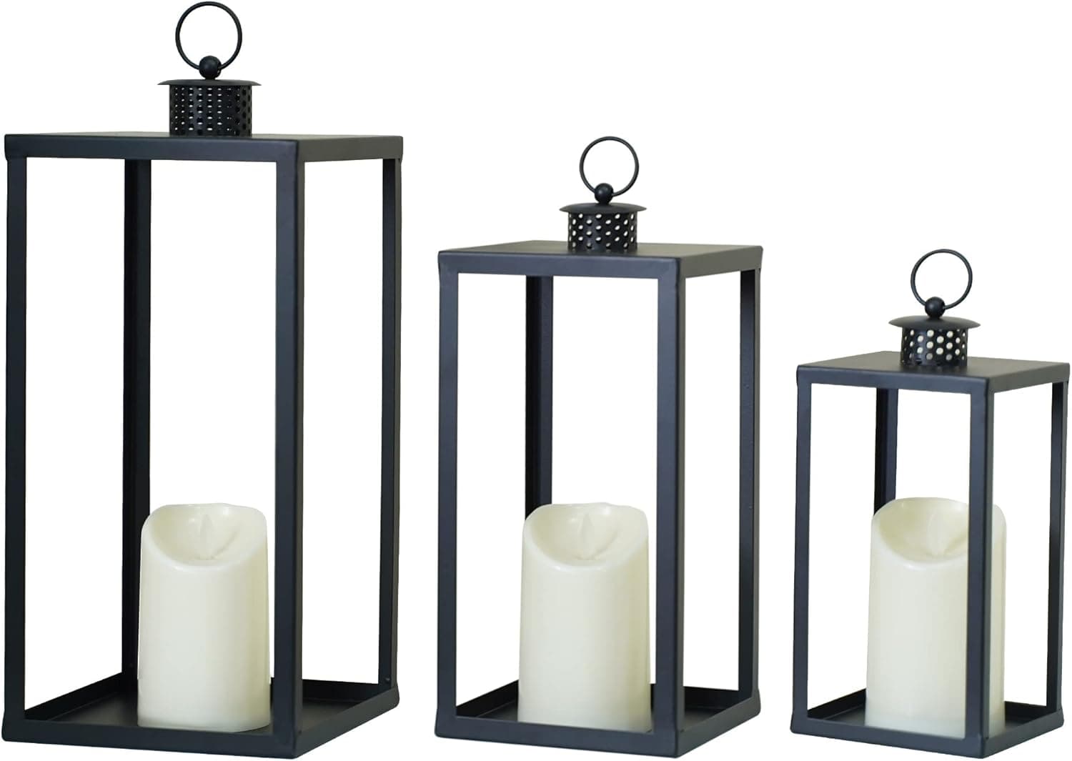 HPC Decor Black Metal Candle Lanterns Set of 3- Lanterns Decorative w/Flickering LED Candles- 16.5'' 13'' 10'' Chunky Large Modern Farmhouse Candle Lanterns for Indoor, Outdoor, Tabletop (No Glass)