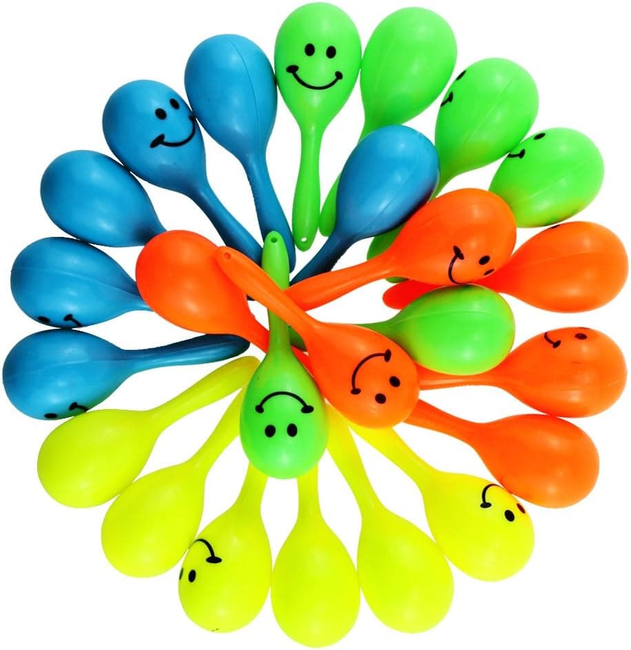 Bright and Colorful Party Favors, Noisemaker For New Years Party, 24 Mini Plastic Smiley Maracas For Kids Girls Boys Music Party Noise Maker - For Mexican Fiesta, or Classroom Musical Instrument