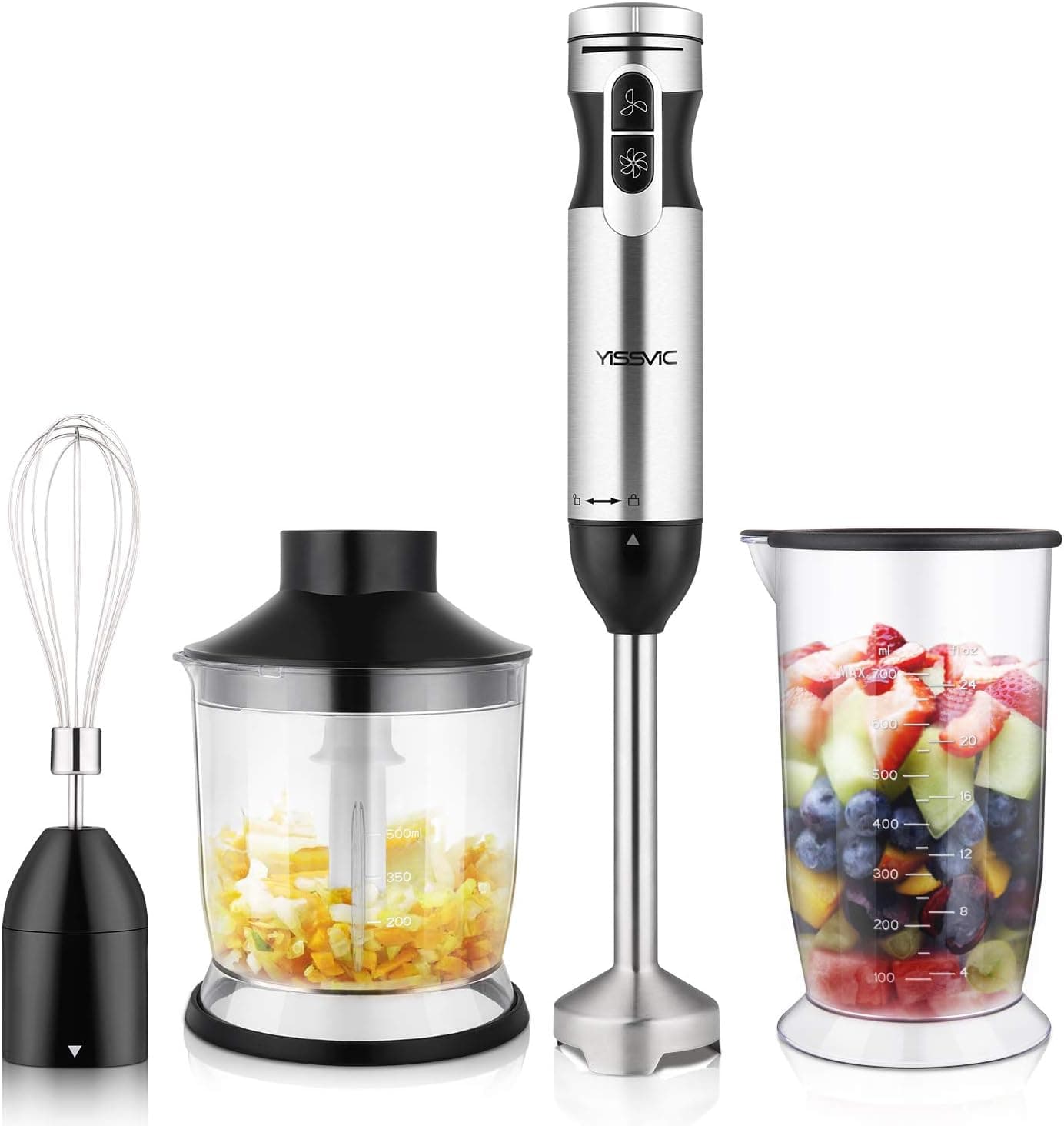 YISSVIC Immersion Hand Blender, 4 in 1 9 Speed Stick Blender with 500ml Food Grinder 700ml Container Chopper Whisk Puree Infant Food, Smoothies, Sauces Soups (1000W 4 In 1 Silver)