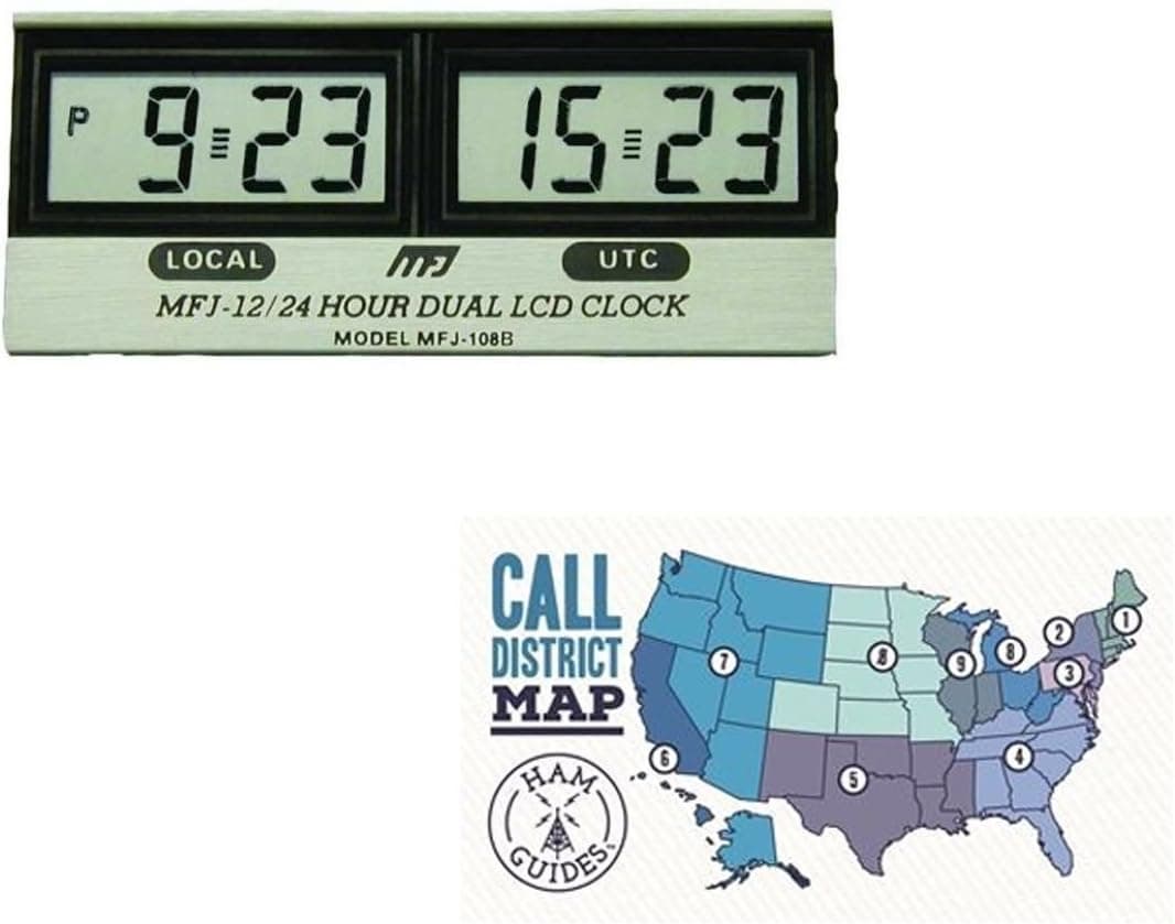 MFJ Clock, 12/24-hour, LCD, Dual and Ham Guides TM Pocket Reference Card Bundle