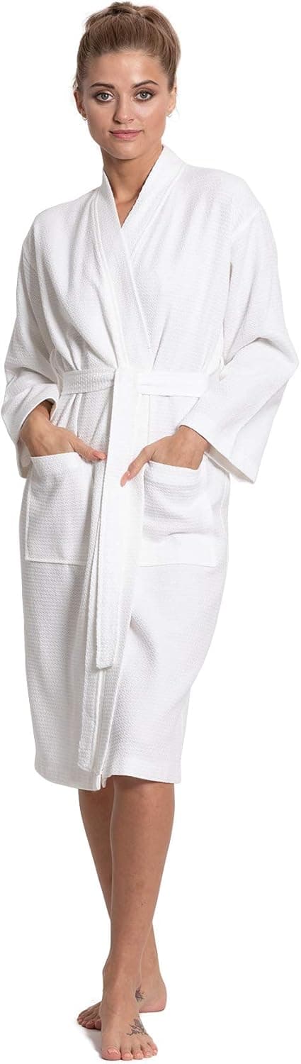 Turkuoise Women's Long Waffle Robe, 100% Cotton Kimono Bathrobe