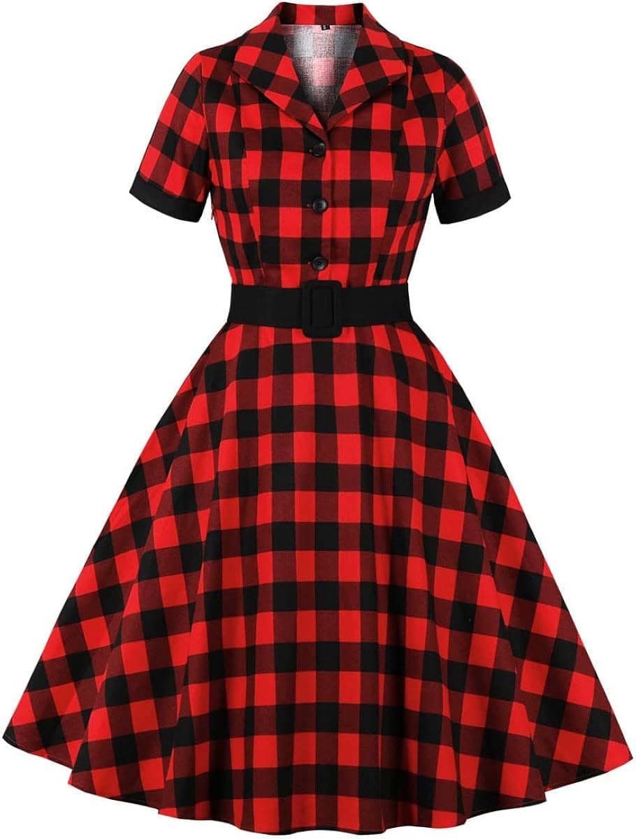 Women Notch Lapel Vintage V-Neck Cocktail Swing Dress 50s 60s Button up 1950s Rockabilly Prom Midi Evening Dress with Pockets