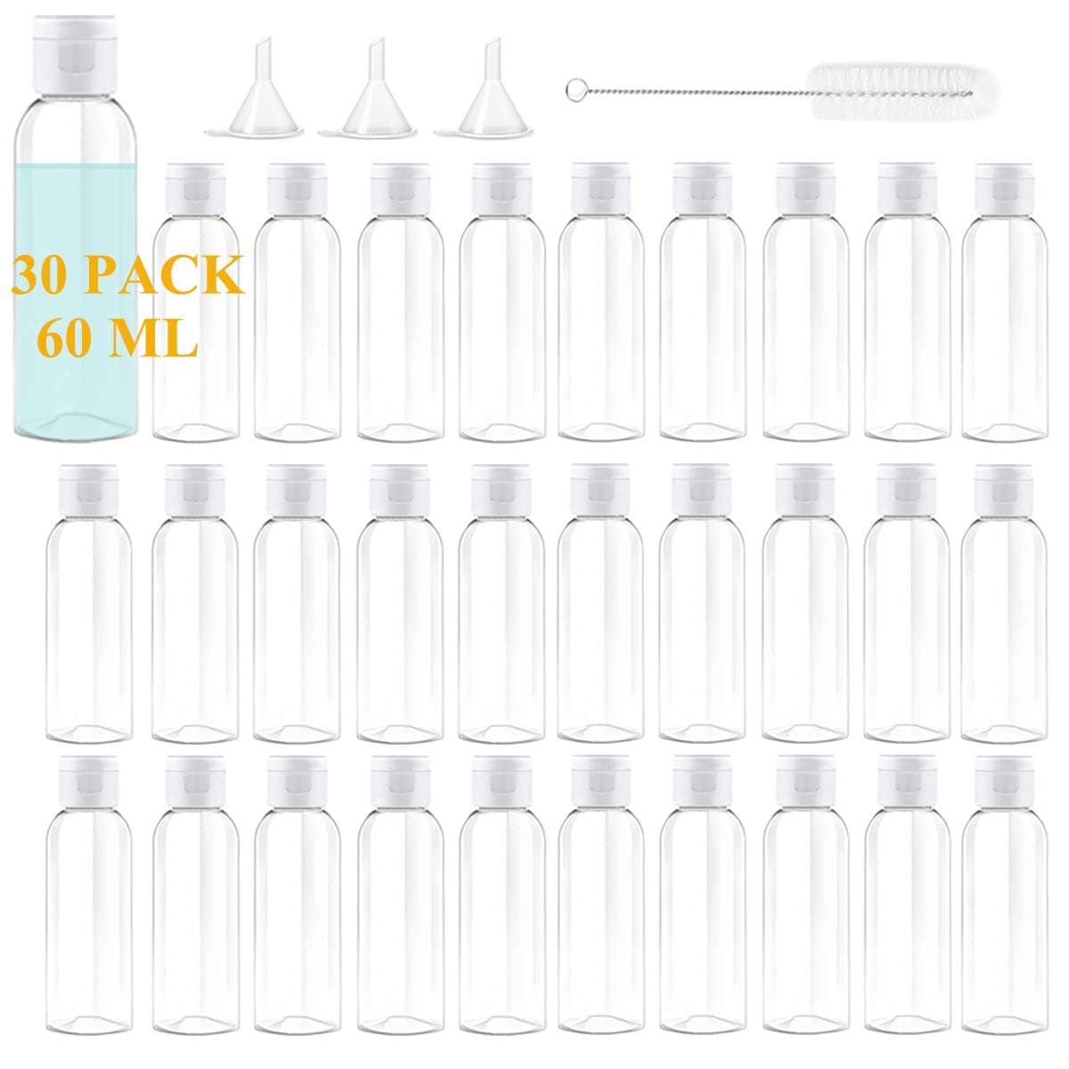 Travel Bottles,Empty Clear Plastic Bottles 2oz 30Pcs Refillable Travel Size Cosmetic Containers Small Leak Proof Squeeze Bottles with Flip Cap for Toiletries,Shampoo with 1 Brush,3 Funnels
