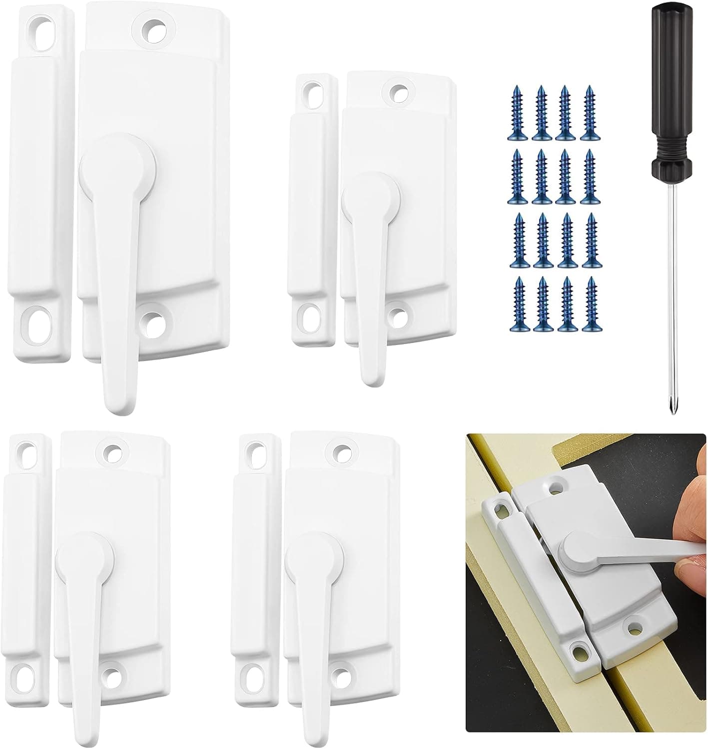 4 Pieces Sliding Window Sash Lock Vinyl Window Lock Die-cast Sliding Window Sash Lock Vertical Sliding Sash Lock with 1 Mini Screwdriver for Single and Double Hang Windows