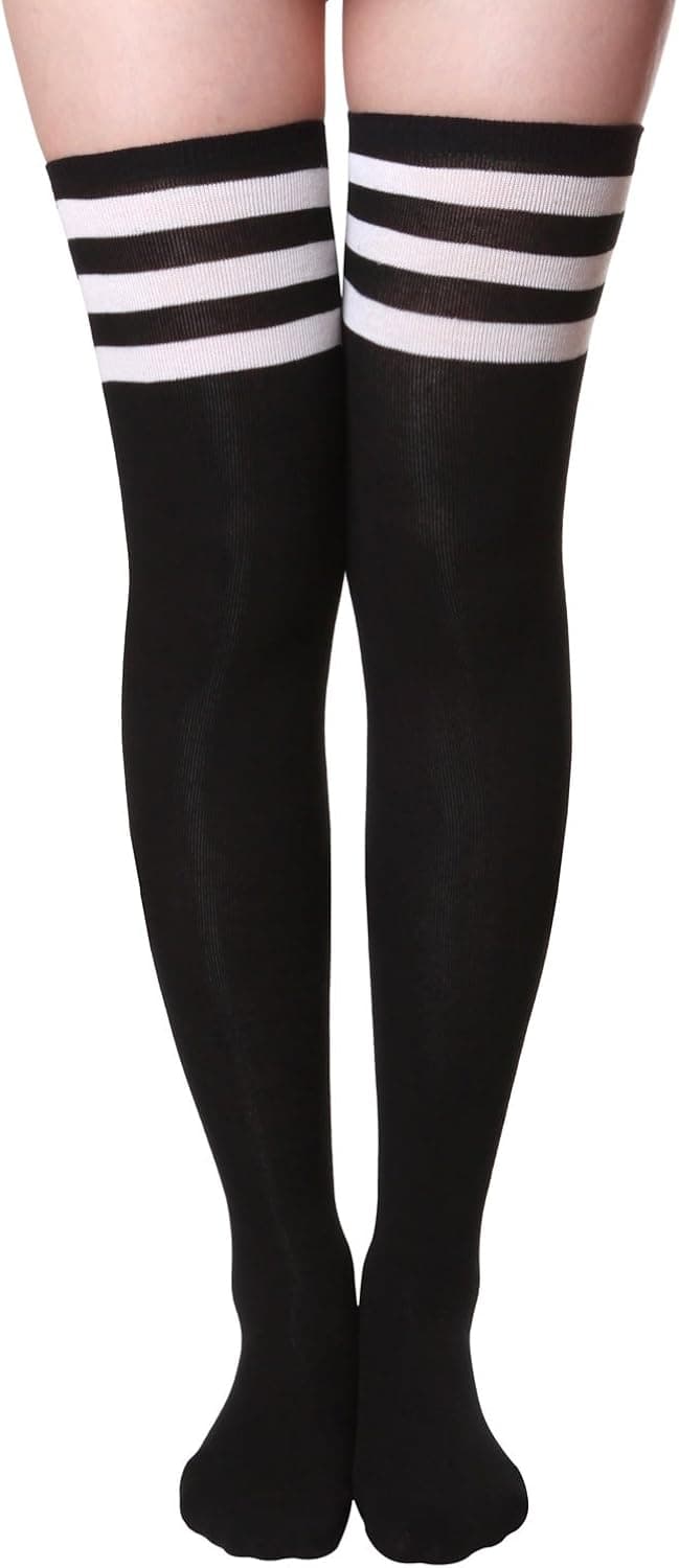 HASLRA Women's Over The Knee High Socks 1 Pairs (Triple Stripe-Black-TALL) (Shoe size 9-10.5)