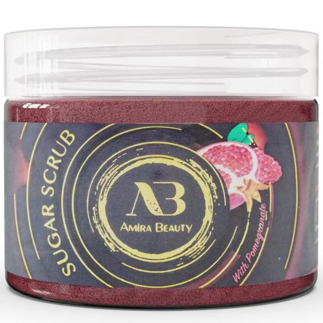 Amira Beauty Sugar Scrub Pomegranate Body Scrub - Moisturizing, Exfoliating Deep Skin Cleanser - Reduces Acne, Cellulite, Dead Skin, Scars, and Wrinkles - Restores Elasticity and Hydration 14oz