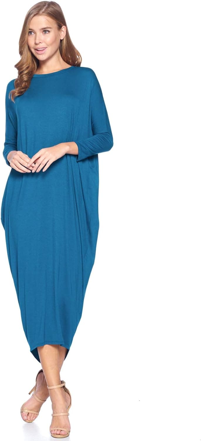 12 Ami Solid Long Sleeve Cover-Up Maxi Dress (S-2X) - Made in USA