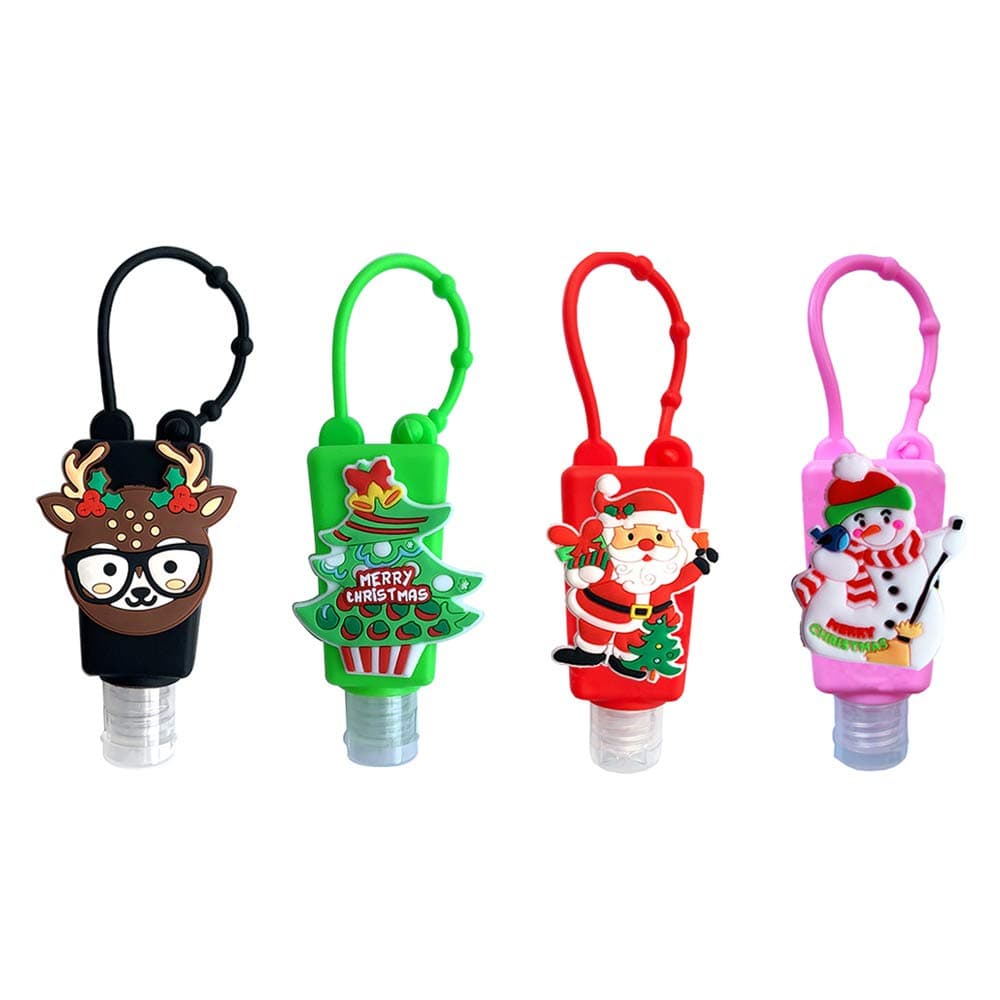 Choeeu 4Pcs Cartoon Kids Empty Travel Bottles Hand Sanitizer Holder with Silicone Case Keychain Carrier, Leak Proof Refillable Portable Travel Containers for Liquid Soap, Lotion (Christmas)