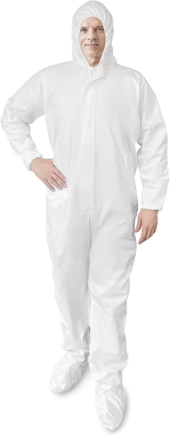 EZGOODZ Disposable Coveralls with Hood 4X-Large, Pack of 5 White Hazmat Suits Disposable 76 Inch Long, 50 GSM Microporous Medical Protective Suit Disposable with Boots, Zipper, Elastic Wrists