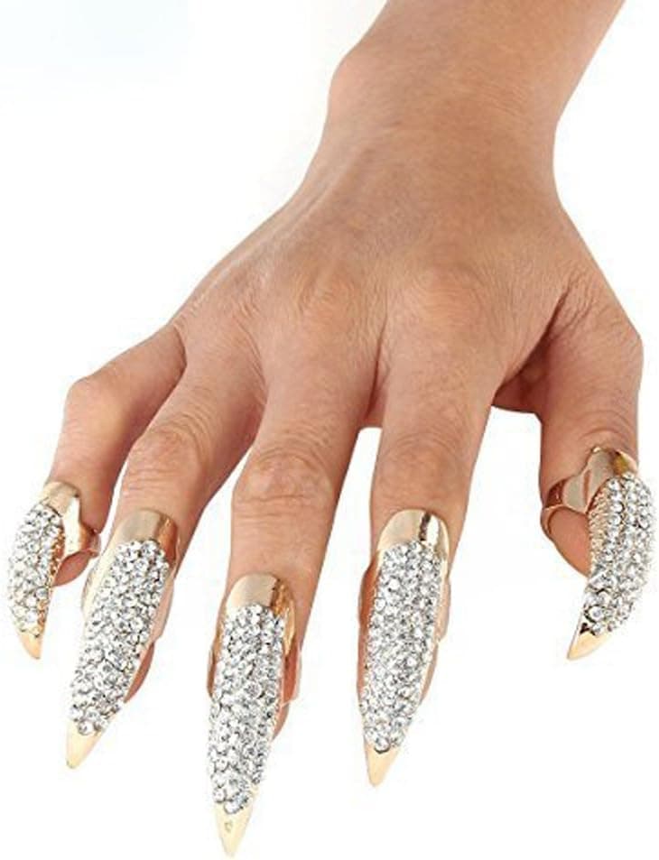 LOHOME Set of 5-pieces Retro & Punk Finger Eagle Claw Ring - Bend Crystal Rhinestone Paved Fingertip Paw - False Nails Set for Halloween & Cosplay (Silve)