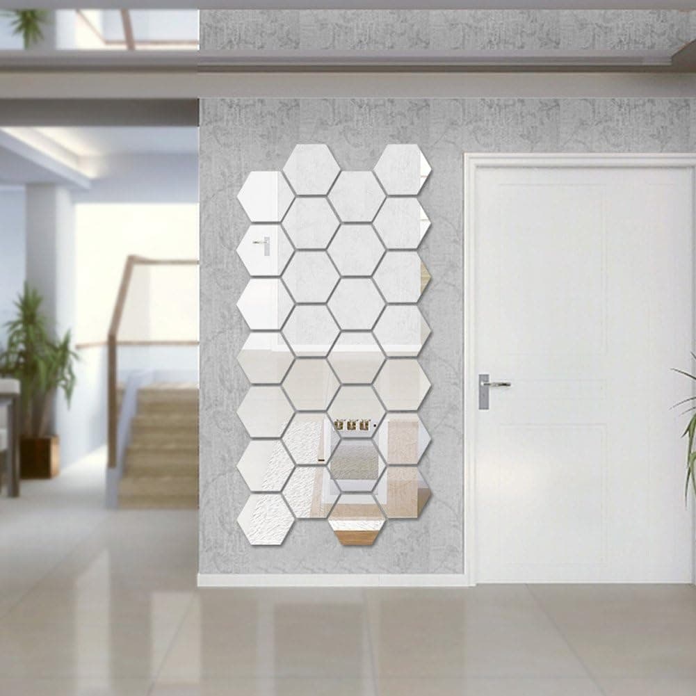 bluecookies Geometric Hexagon Silvel Acrylic Mirror Wall Sticker Removable 3D Mirror Decal Mural DIY Home Decor, 12 Piece