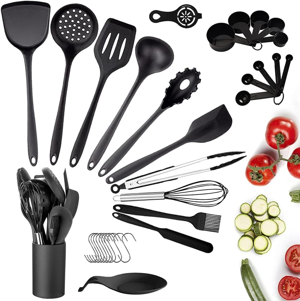Silicone Cooking Utensil Set, 33Pcs Kitchen Utensils Set with Holder, Non-stick Heat Resistant Cooking Tools Silicone Handle Spoons Spatula Turner Whisk Tongs, Kitchen Gadgets Utensil Set (Black)
