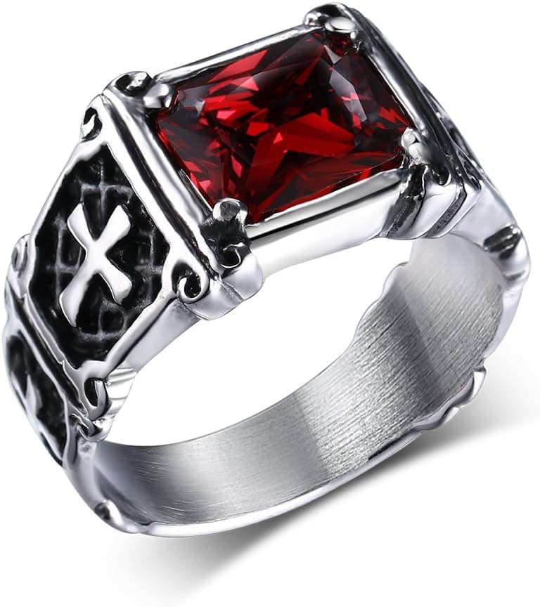 MD MAIKEDIAO Men's Vintage Pinky Crystal Stainless Steel Cross Ring Band Gothic Biker Silver Black Red