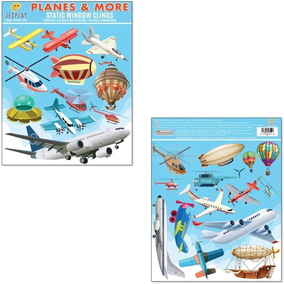 Planes & More Static Window Clings- 2 Sheets of Vinyl Window Stickers for Kids - UFO's, Hot Air Balloons, Blimps - Other Reusable Decals and Gel Clings are Available
