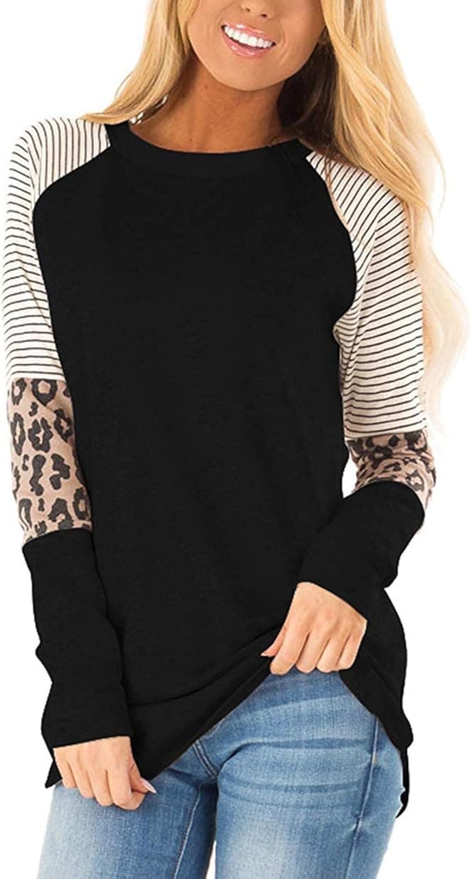 HARHAY 2022 Women's Leopard Print Color Block Tunic Round Neck Long Sleeve Shirts Striped Causal Blouses Tops