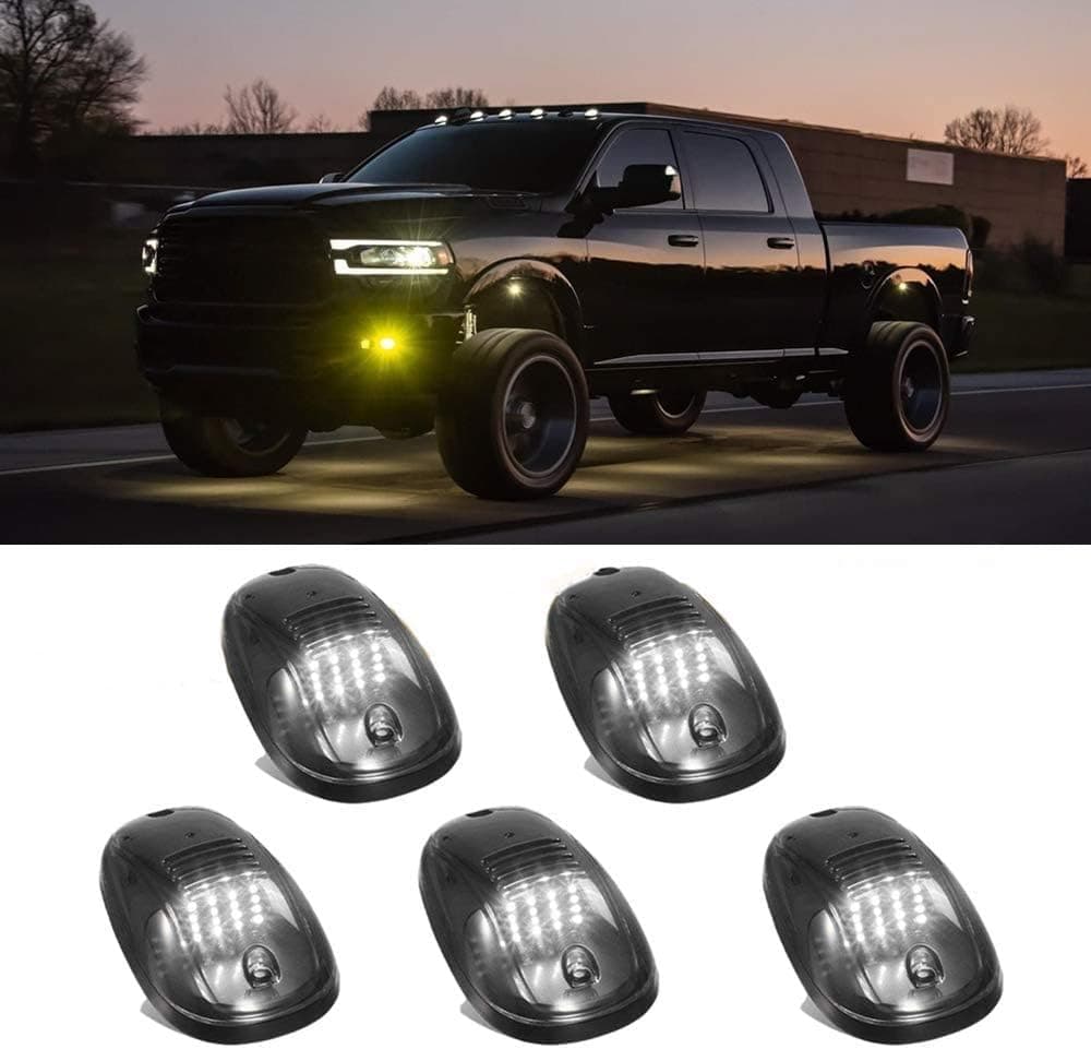 KOMAS 5pcs Black Smoked Lens 16 LED Cab Roof Marker Lights, Roof Top Lamp Clearance Running Light Replacement for Truck SUV 2003-2016 Dodge Ram 1500 2500 3500 4500 (16 White LED)