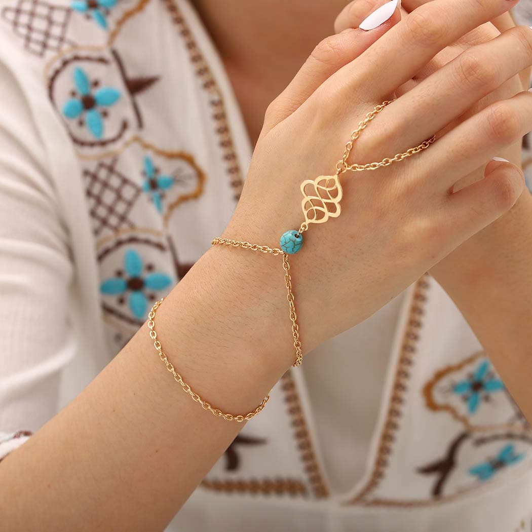 Yalice Boho Hand Chains Turquoise Finger Bracelet Ring Slave Hand Jewelry for Women and Girls (Gold)
