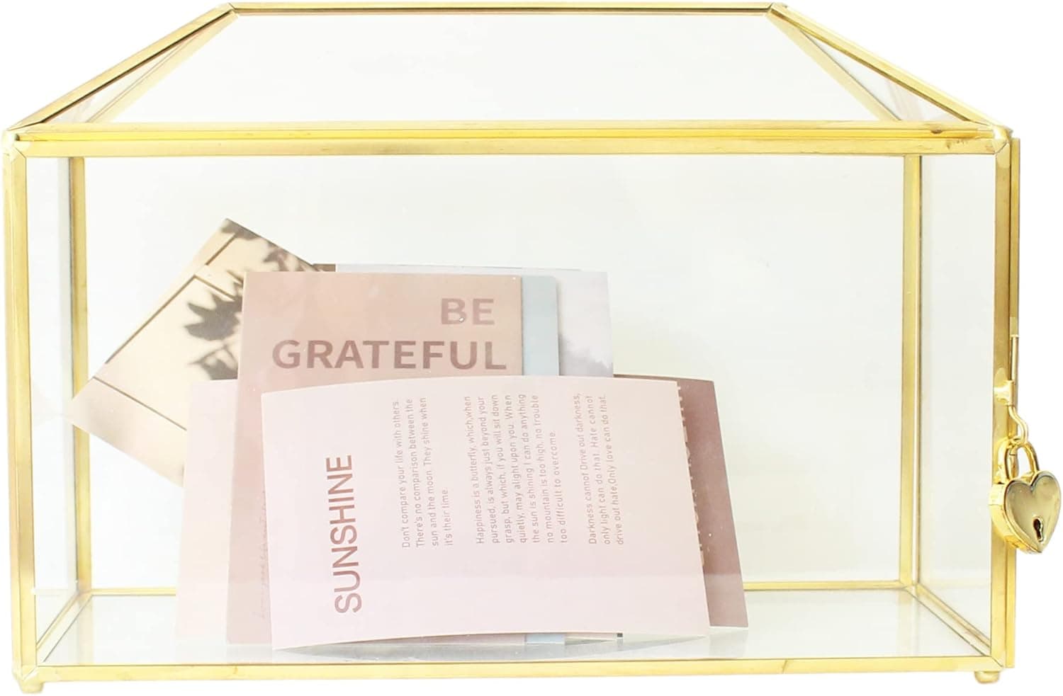 libproqia Large Glass Cards Box for Wedding Gold Clear Cards Holder with Slot and Door 12.6" Geometric Cards Container with Lock Handmade Brass Terrarium Money Reception for Party