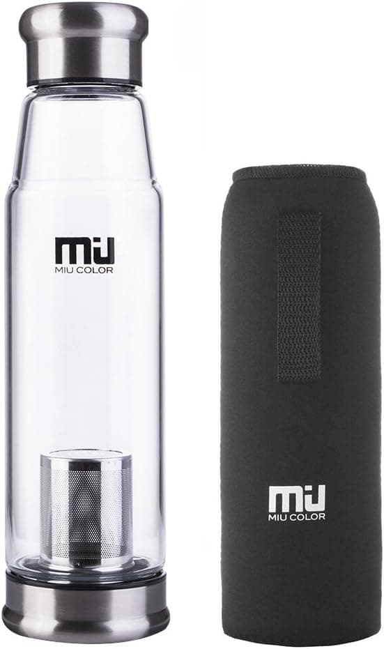MIU COLOR Glass Water Bottle - BPA-Free Bottle with Infuser and Nylon Sleeve, 22 Ounce, Black
