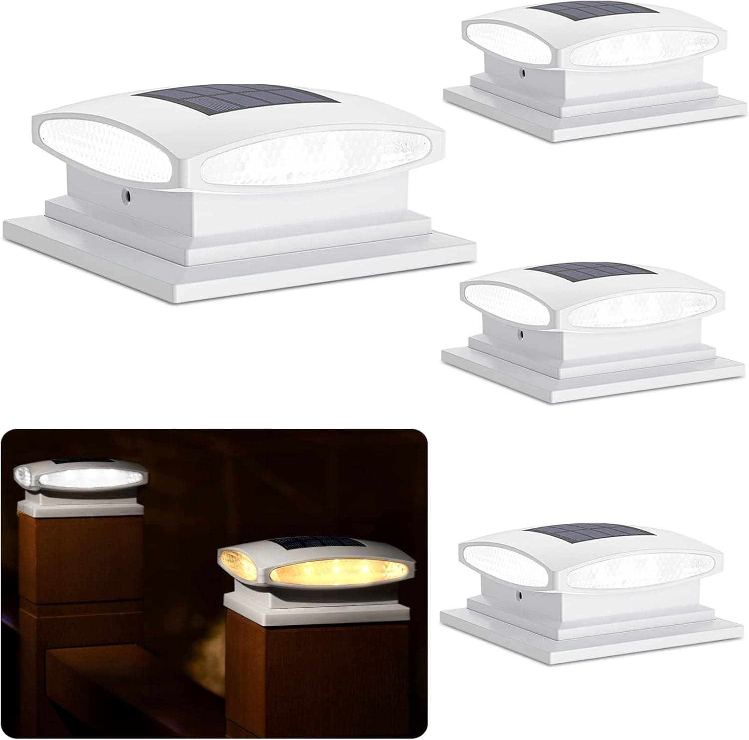 SIEDiNLAR Solar Post Cap Lights Outdoor, 2 Modes 24 LED Solar Powered Fence Deck Light for 4x4 5x5 6x6 Posts Garden Patio Decoration Warm White & Cool White, White (4 Pack)