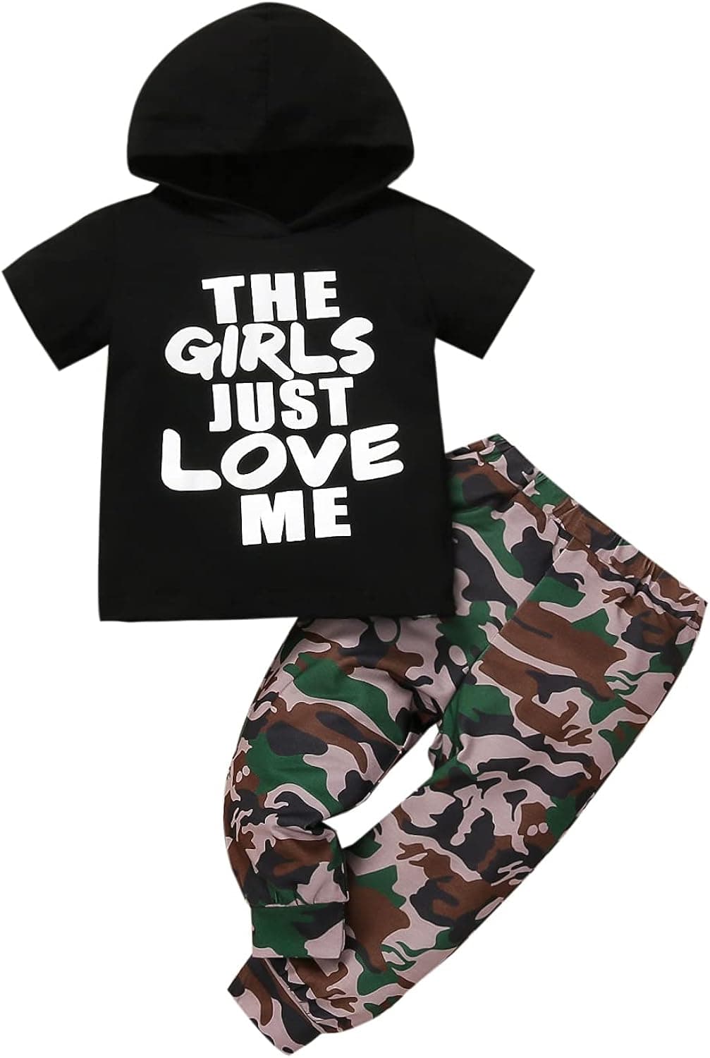Toddler Baby Boy Clothes Letter Hoodie Short Sleeve Hooded Top Camo Pants Outfit Set 2PCS