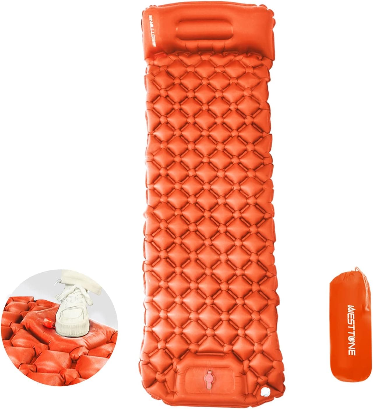 WEST TUNE Sleeping Pad for Camping,Ultralight Camping Mat with Pillow Built-in Foot Pump Inflatable,Camping Pad for Backpacking Hiking Traveling,Waterproof Camping Mattress,Orange