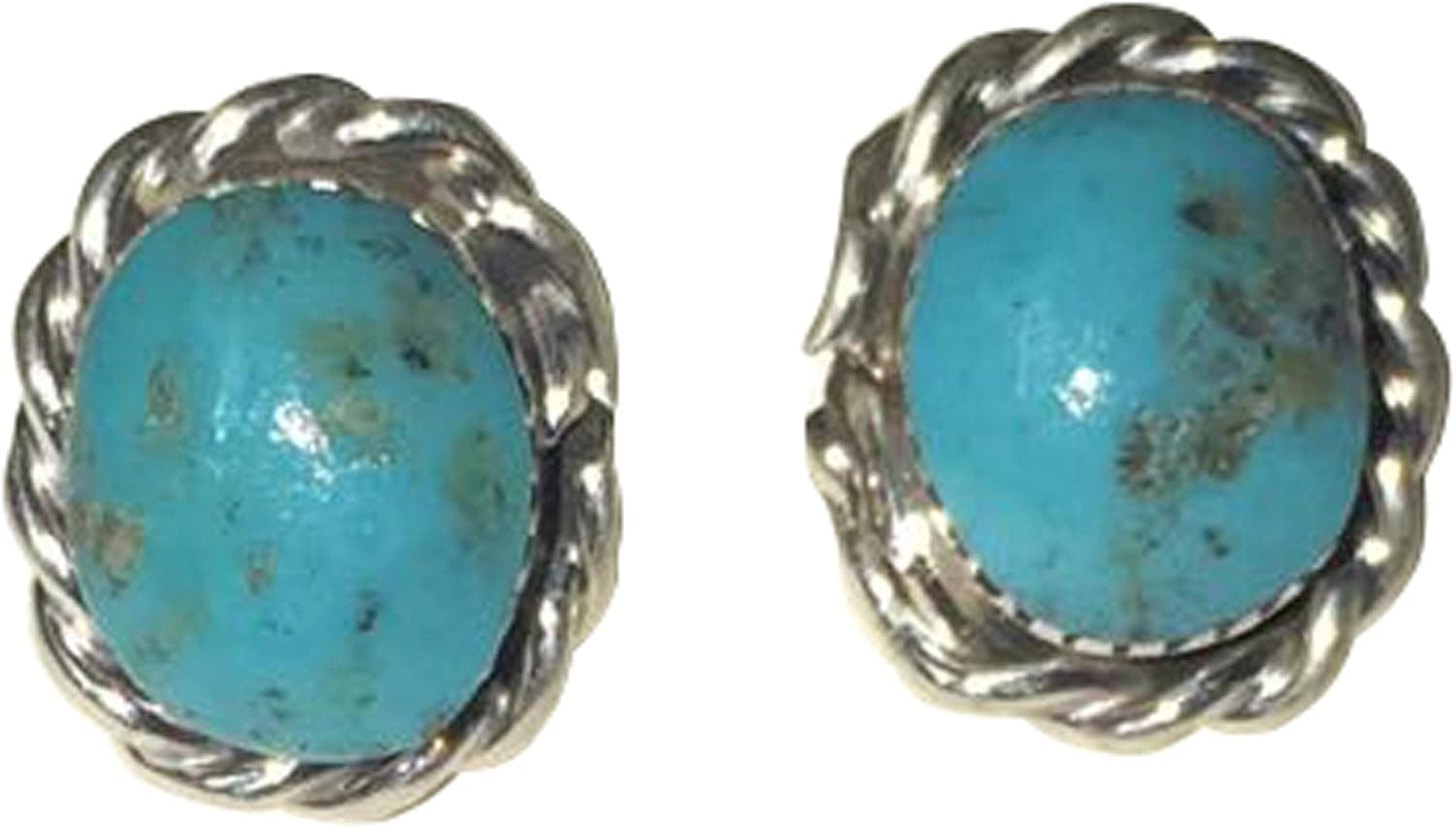 Small Oval Stabilized Turquoise Stud Earrings w/Twist Wire Border Original Zuni Authentic Indian Jewelry