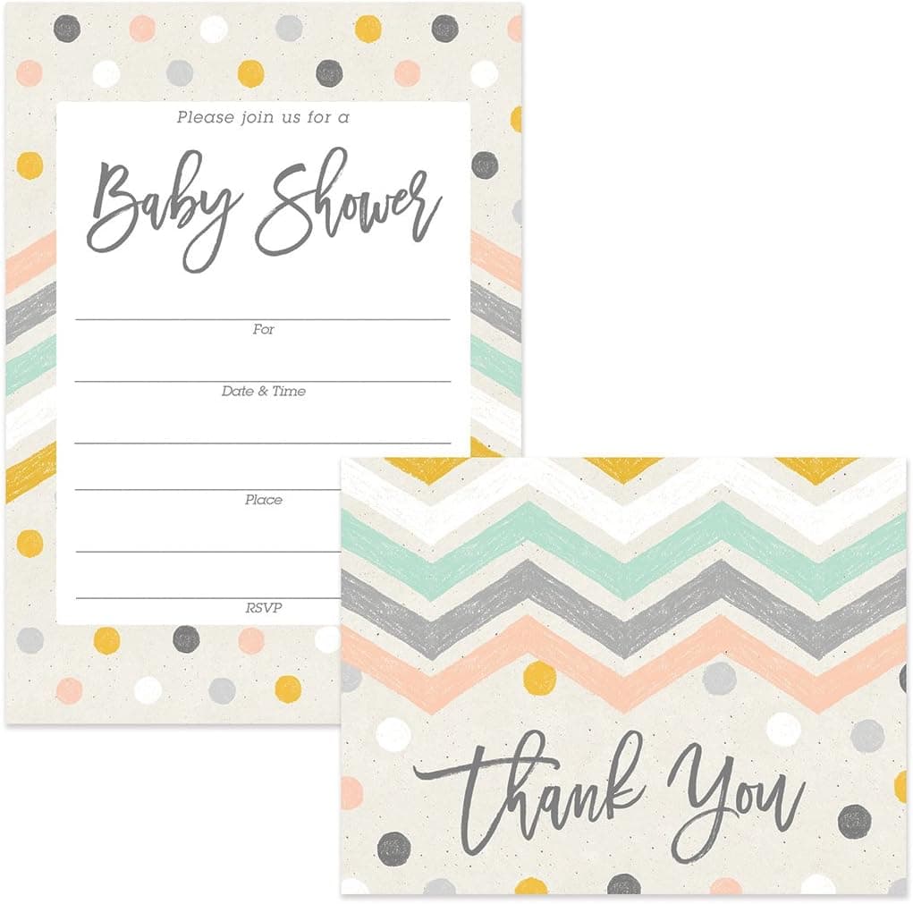 DB Party Studio Pastel Baby Shower Invitations ( 25 ) & Matching Thank You Notes ( 25 ) Set with Envelopes Boy Girl Mommy-to-Be Gender Neutral Polka Dots Chevron Fill-In Invites & Folded Thanks Cards