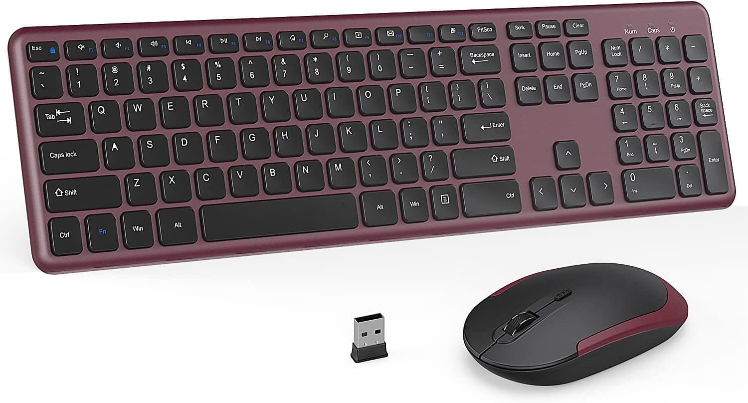 Wireless Keyboard Mouse Combo, Full Size Slim Silent Wireless Keyboard and Mouse Set with Responsive Keys & Number Pad, 2.4GHz USB Receiver for Windows, Computer, Desktop, PC, Notebook (Wine red)