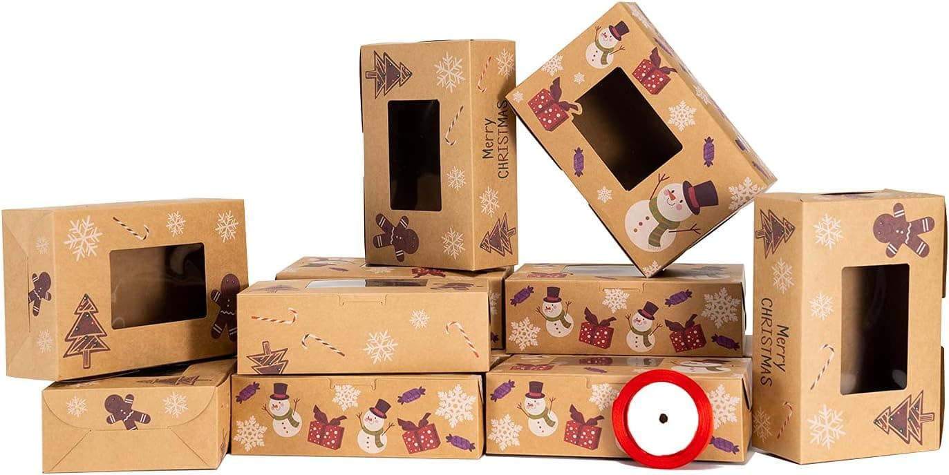 12 New Year Holiday Cookie and Cakes Boxes, Large-Capacity Holiday Bakery Foods Container Gift with 1 Roll of Decorative Ribbon Holiday Gift