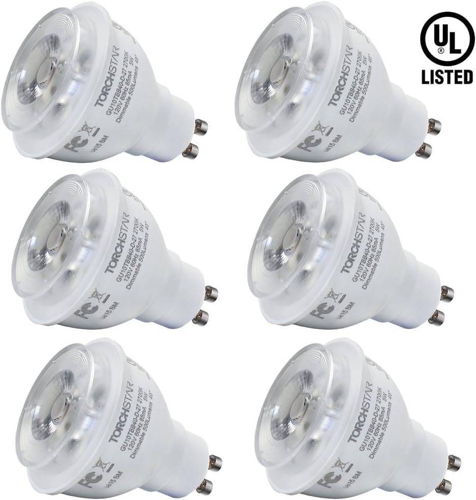 TORCHSTAR 5W Dimmable COB GU10 LED Light Bulb, 50W Incandescent Replacement UL-Listed Spotlight, Track Lighting, Recessed Light 2700K Soft White, 500lm, 40° Beam Angle (3 Year Warranty), Pack of 6