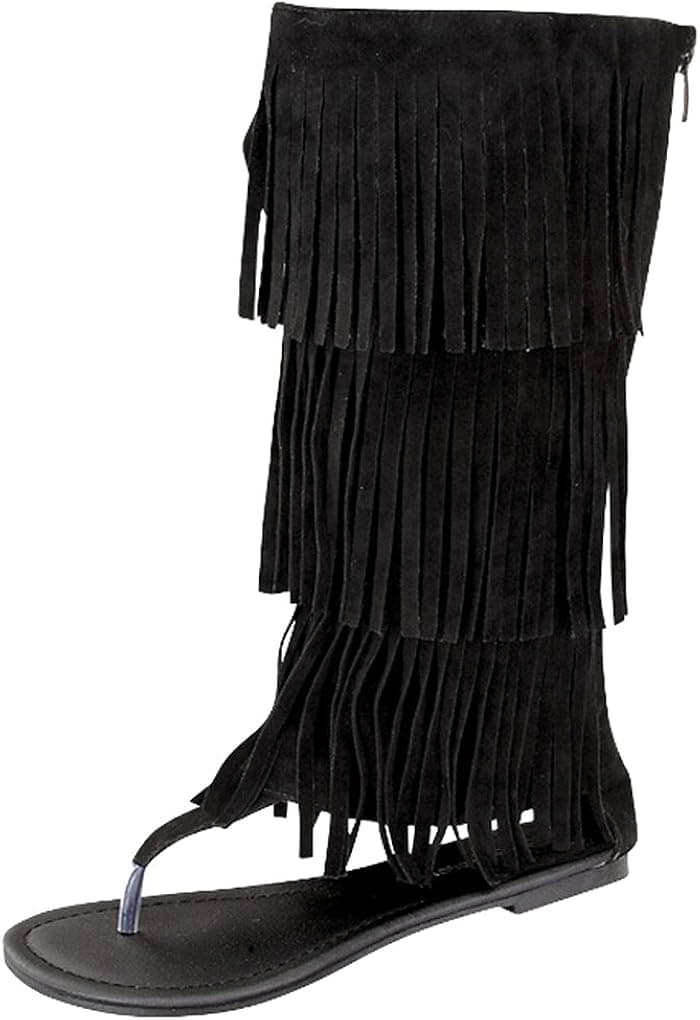 Lolli Couture Young Aloud Faux Suede Fringe Trim Tier Thong Flat Sandals